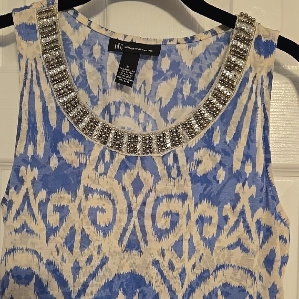INC International Concepts Beaded Blue and Cream Tank Top